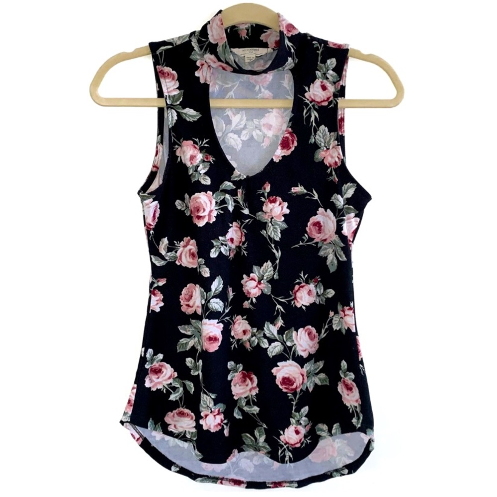 Women’s Black and Pink Floral V-neck, Sleeveless Choker Top with Keyhole Neck